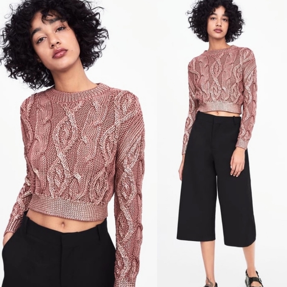 Zara metallic cable knit cropped Sweater Small